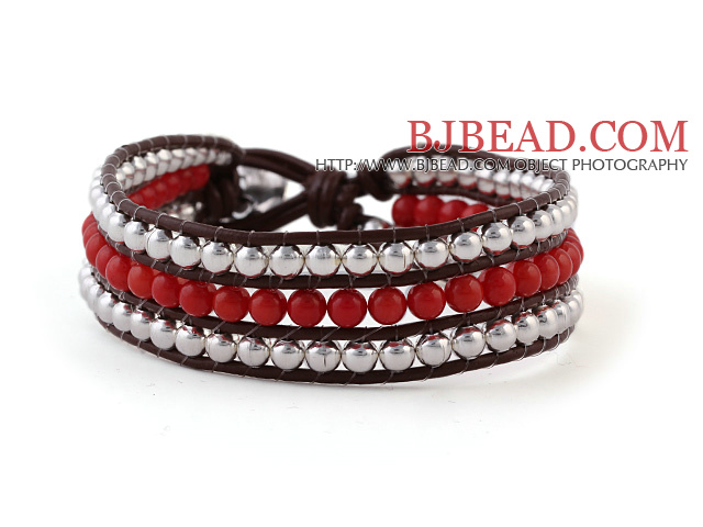 Fashion 4mm Hand-Knotted Multilayer Round Red Coral And Silver Beads Reddish Brown Leather Wrap Bracelet