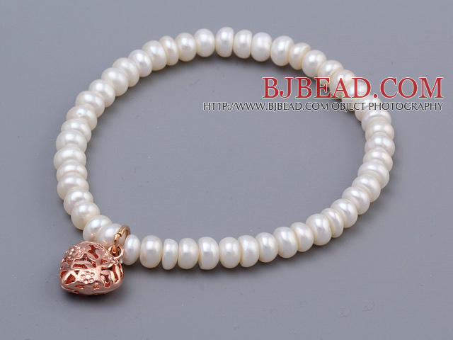 Fashion 5-6mm Natural White Abacus Shape Freshwater Pearl Beaded Bracelet With Rose Golden Hollow Heart Charm