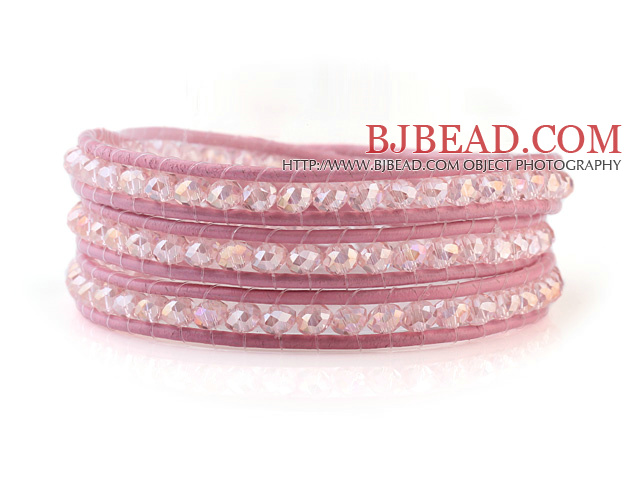 Fashion 4mm Multilayer Manmade White Colorful Crystal Pink Leather Wrap Bracelet
