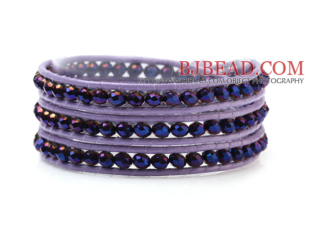 Fashion 4mm Multilayer Manmade Colorful Blue Crystal Purple Leather Wrap Bracelet