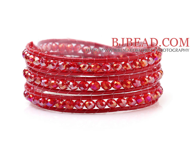 Fashion 4mm Multilayer Manmade Red Crystal And Red Leather Wrap Bracelet