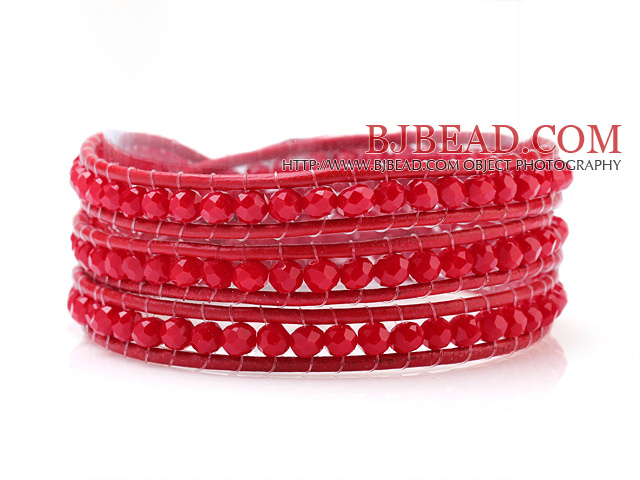 Fashion 4mm Multilayer Manmade Rose Crystal And Rose Leather Wrap Bracelet