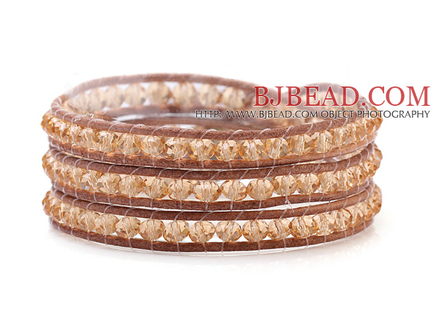 Fashion 4mm Multilayer Manmade Champagne Crystal And Brown Leather Wrap Bracelet