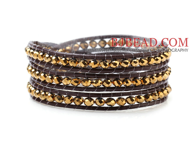 Fashion 4mm Multilayer Manmade Golden Crystal And Dark Brown Leather Wrap Bracelet