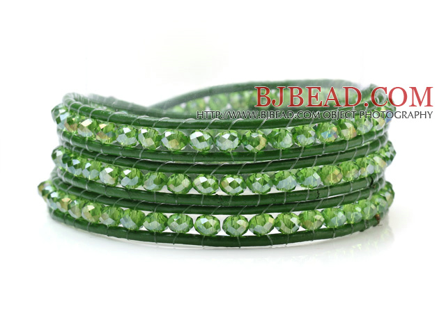 Fashion Green Series Multilayer 4mm Manmade Crystal And Hand-Knotted Leather Wrap Bracelet