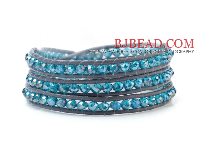 Fashion Multilayer 4mm Lake Blue Manmade Crystal And Hand-Knotted Leather Wrap Bracelet