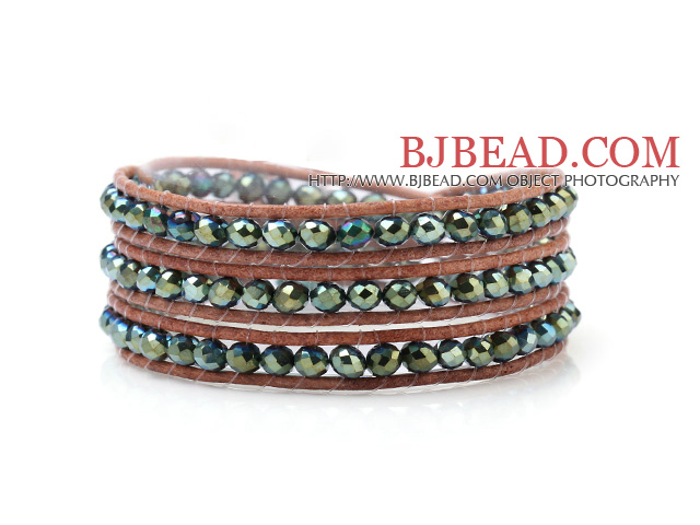 Fashion Multilayer 4mm Lake Blue Manmade Crystal And Hand-Knotted Brown Leather Wrap Bracelet