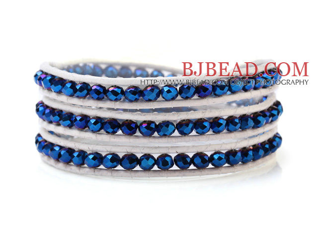 Popular Multilayer 4mm Blue Manmade Crystal And Hand-Knotted White Leather Wrap Bracelet