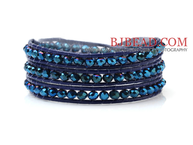 Popular Multilayer 4mm Blue Series Manmade Crystal And Hand-Knotted Leather Wrap Bracelet