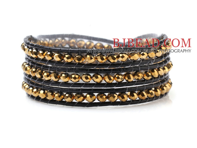 Popular Multilayer 4mm Manmade Golden Crystal And Hand-Knotted Leather Wrap Bracelet