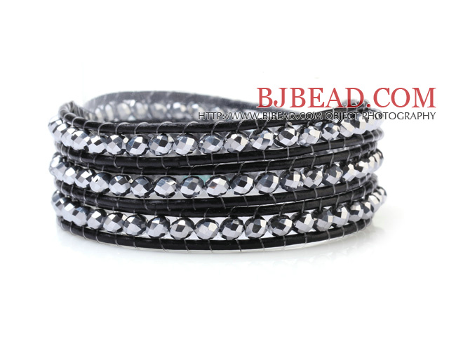 Fashion Multilayer 4mm Silver Color Manmade Crystal And Hand-Knotted Black Leather Wrap Bracelet