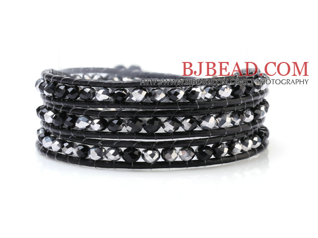 Fashion Multilayer 4mm Silver Black Manmade Crystal And Hand-Knotted Black Leather Wrap Bracelet
