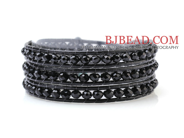 Fashion Multilayer 4mm Black Series Manmade Crystal And Hand-Knotted Leather Wrap Bracelet