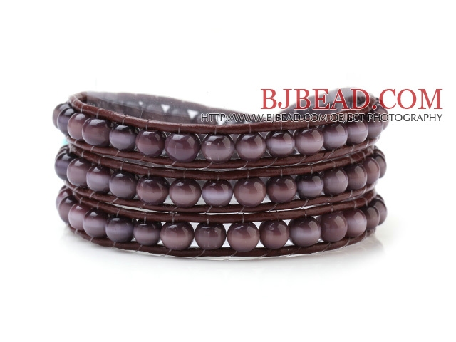 Nice Multilayer Cats Eye Stone And Hand-Knotted Brown Leather Wrap Bracelet