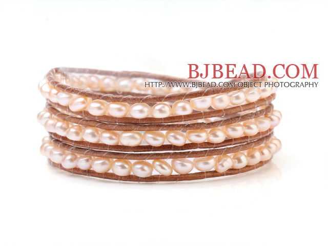 Nice Multilayer Natural 5-6mm Pink Freshwater Pearl And Hand-Knotted Brown Leather Wrap Bracelet