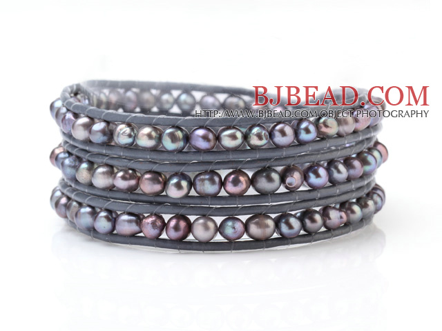 Popular Multilayer Multi Color Natural 5-6mm Freshwater Pearl And Hand-Knotted Gray Leather Wrap Bracelet
