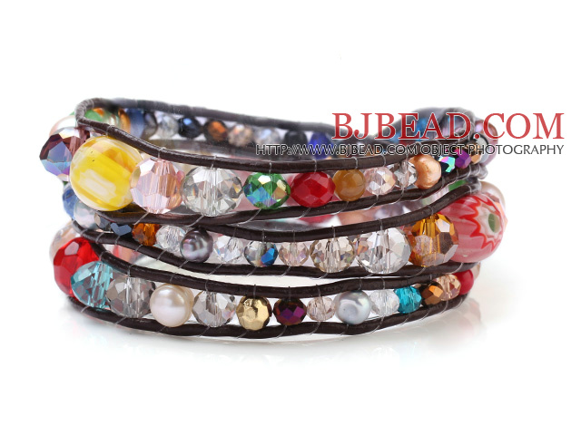 Popular Multilayer Multi Stone And Manmade Crystal Hand-Knotted Brown Leather Wrap Bracelet