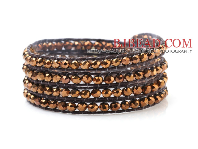 Nice Multilayer 4mm Gold Manmade Crystal And Hand-Knotted Brown Wax Cord Wrap Bracelet