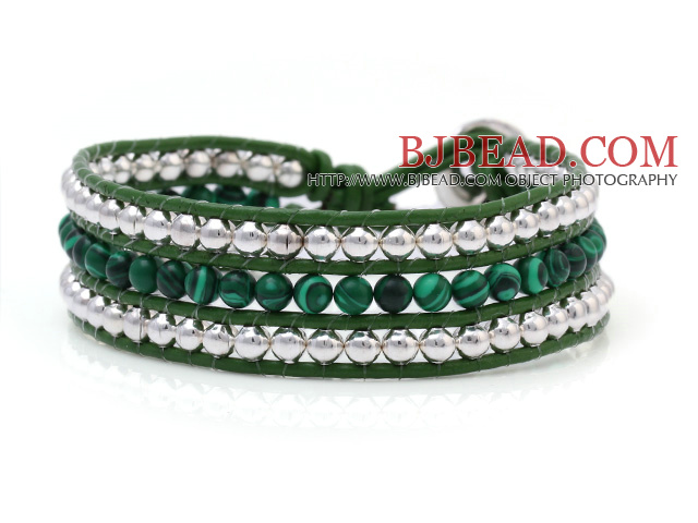 Fashion Multilayer 4mm Round Malachite And Silver Beads Hand-Knotted Green Leather Wrap Bracelet