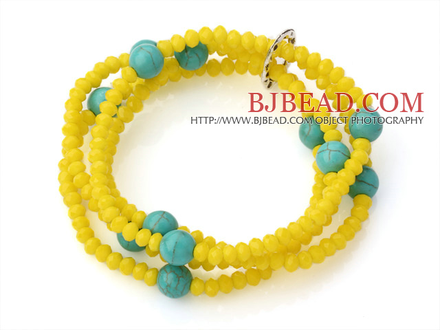 Fashion Multilayer Yellow Jade-Like Crystal And Round Green Turquoise Elastic Bracelet