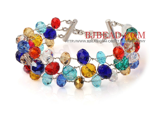 Fashion Three Strands Multi Colorful Crystal Wired Crochet Bangle Bracelet