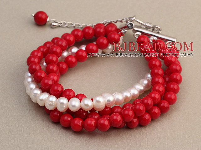 Fashion Multilayer Round Red Coral And Natural White Freshwater Pearl Bangle Bracelet