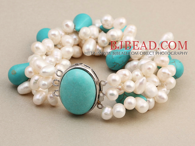 Fashion Multilayer White Freshwater Pearl And Tear Drop Blue Turquoise Wrap Bangle Bracelet