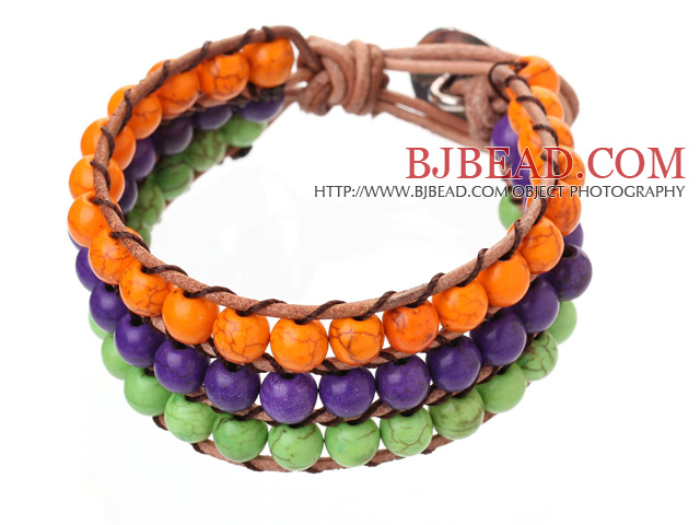 Popular Three-Layer 6mm Round Orange Purple And Green Turquoise Brown Leather Wrap Bracelet