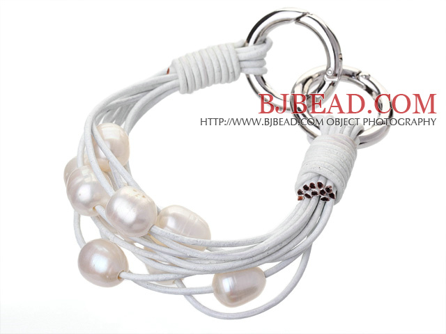 Fashion Multilayer 10-11mm Natural White Freshwater Pearl And White Leather Bracelet With Double-Ring Clasp