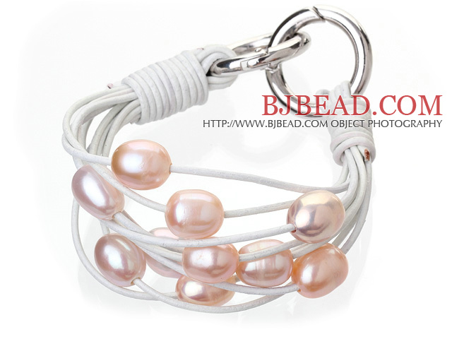 Fashion Multilayer 10-11mm Natural Pink Freshwater Pearl And White Leather Bracelet With Double-Ring Clasp