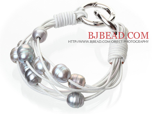 Fashion Multilayer 10-11mm Natural Gray Freshwater Pearl And White Leather Bracelet With Double-Ring Clasp
