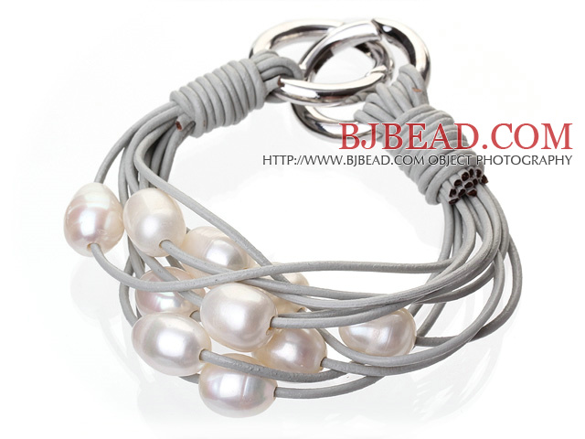 Fashion Multilayer 10-11mm Natural White Freshwater Pearl And Gray Leather Bracelet With Double-Ring Clasp