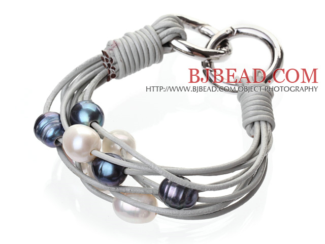 Fashion Multilayer 10-11mm Natural Black White Freshwater Pearl And Gray Leather Bracelet With Double-Ring Clasp