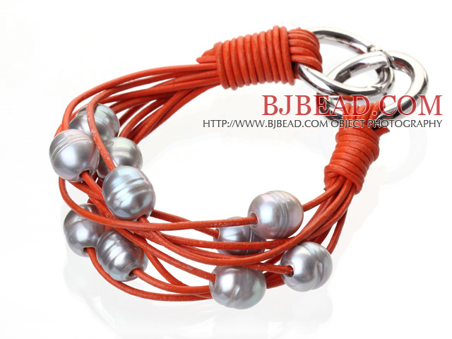 Fashion Multilayer 10-11mm Natural Gray Freshwater Pearl And Orange Leather Bracelet With Double-Ring Clasp