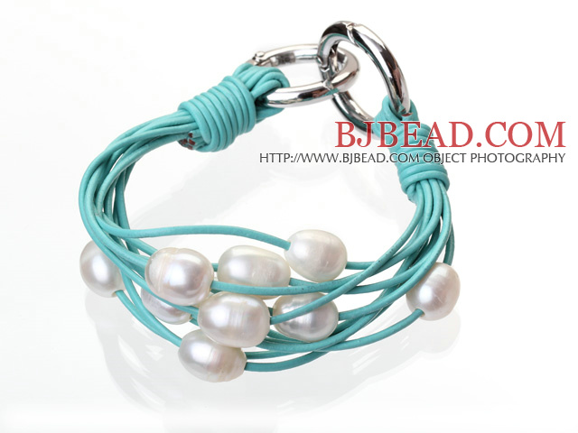 Fashion Multilayer 10-11mm Natural White Freshwater Pearl And Blue Leather Bracelet With Double-Ring Clasp