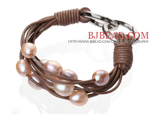 Fashion Multilayer 10-11mm Natural Pink Freshwater Pearl And Brown Leather Bracelet With Double-Ring Clasp