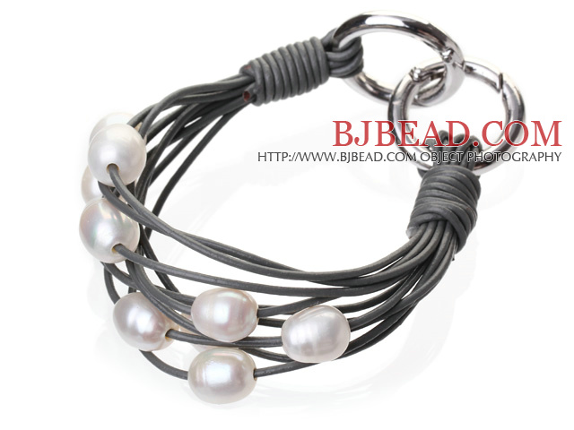 Popular Multi Strands Natural 10-11mm White Freshwater Pearl And Dark Grey Leather Bracelet With Double-Ring Clasp