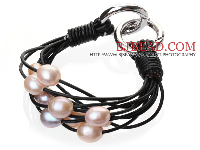 Popular Multi Strands Natural 10-11mm Pink Freshwater Pearl And Black Leather Bracelet With Double-Ring Clasp