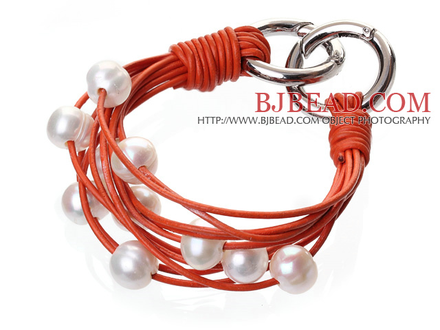 Fashion Multilayer 10-11mm Natural White Freshwater Pearl And Orange Leather Bracelet With Double-Ring Clasp