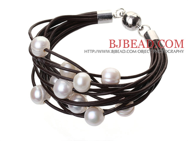 Fashion Multilayer 10-11mm Natural White Freshwater Pearl And Dark Brown Leather Bracelet With Magnetic Clasp