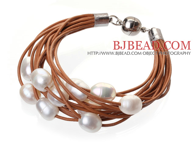 Fashion Multilayer 10-11mm Natural White Freshwater Pearl And Brown Leather Bracelet With Magnetic Clasp