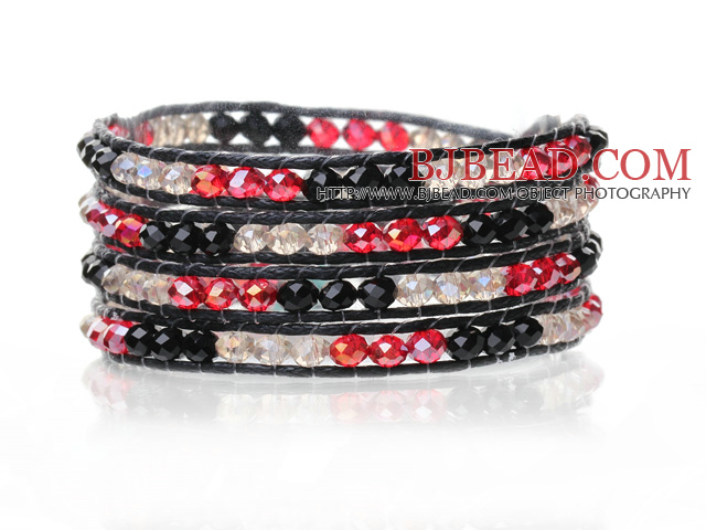 Lovely Multilayer 4mm Mixed Color Manmade Crystal And Hand Knotted Black Leather Wrap Bracelet