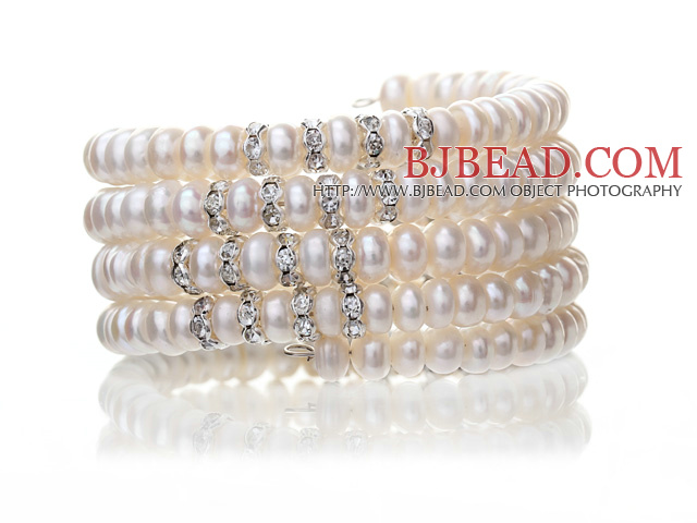 Pretty Multilayer Natural 6-7mm White Freshwater Pearl Beaded Wrap Bracelet With Silver Rhinestone Charms
