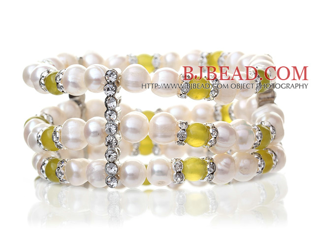 Pretty Three-Row Natural 6-7mm White Freshwater Pearl And Korea Jade Elastic Bracelet With Silver Rhinestone Charms