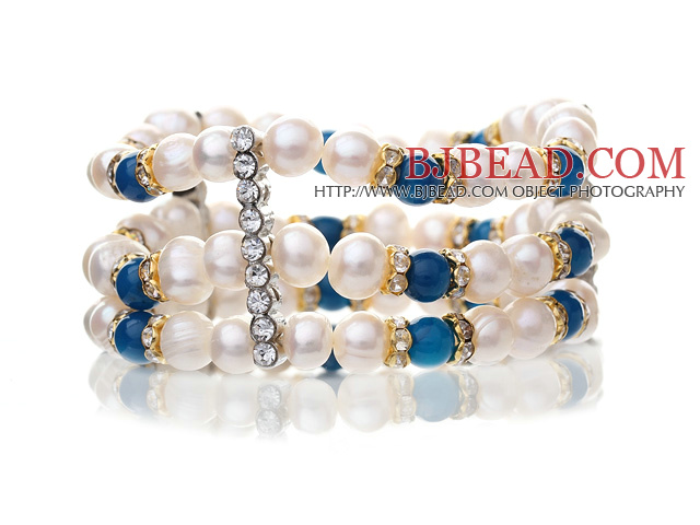 Pretty Three-Row Natural 6-7mm White Freshwater Pearl And Round Blue Agate Elastic Bracelet With Gold And Silver Rhinestone Charms