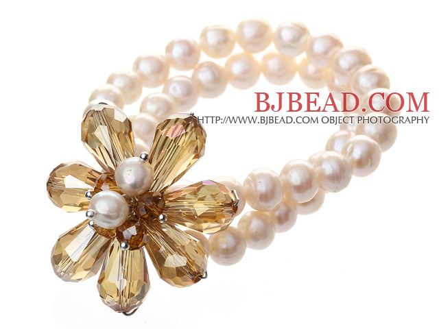 Fashion Double Strands Natural White Freshwater Pearl And Faceted Yellow Teardrop Crystal Flower Bangle Bracelet