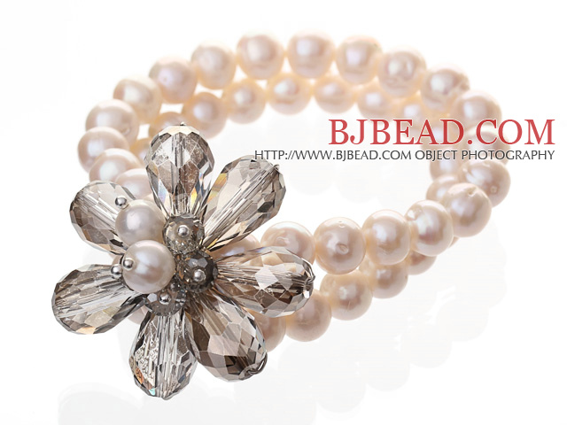 Fashion Double Strands Natural White Freshwater Pearl And Faceted Gray Teardrop Crystal Flower Bangle Bracelet
