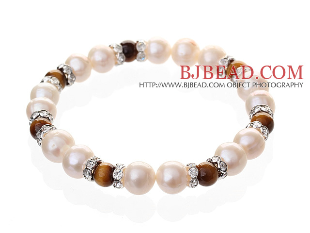 Fashion Natural White Freshwater Pearl And Round Tiger Eye Beaded Elastic Bracelet With Silver Rhinestone Charms