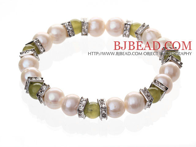 Fashion Natural White Freshwater Pearl And Round Yellow Olive Beaded Elastic Bracelet With Silver Rhinestone Charms