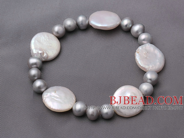 Fashion Natural 7-8mm Gray Freshwater And White Button Pearl Stretch Bracelet
